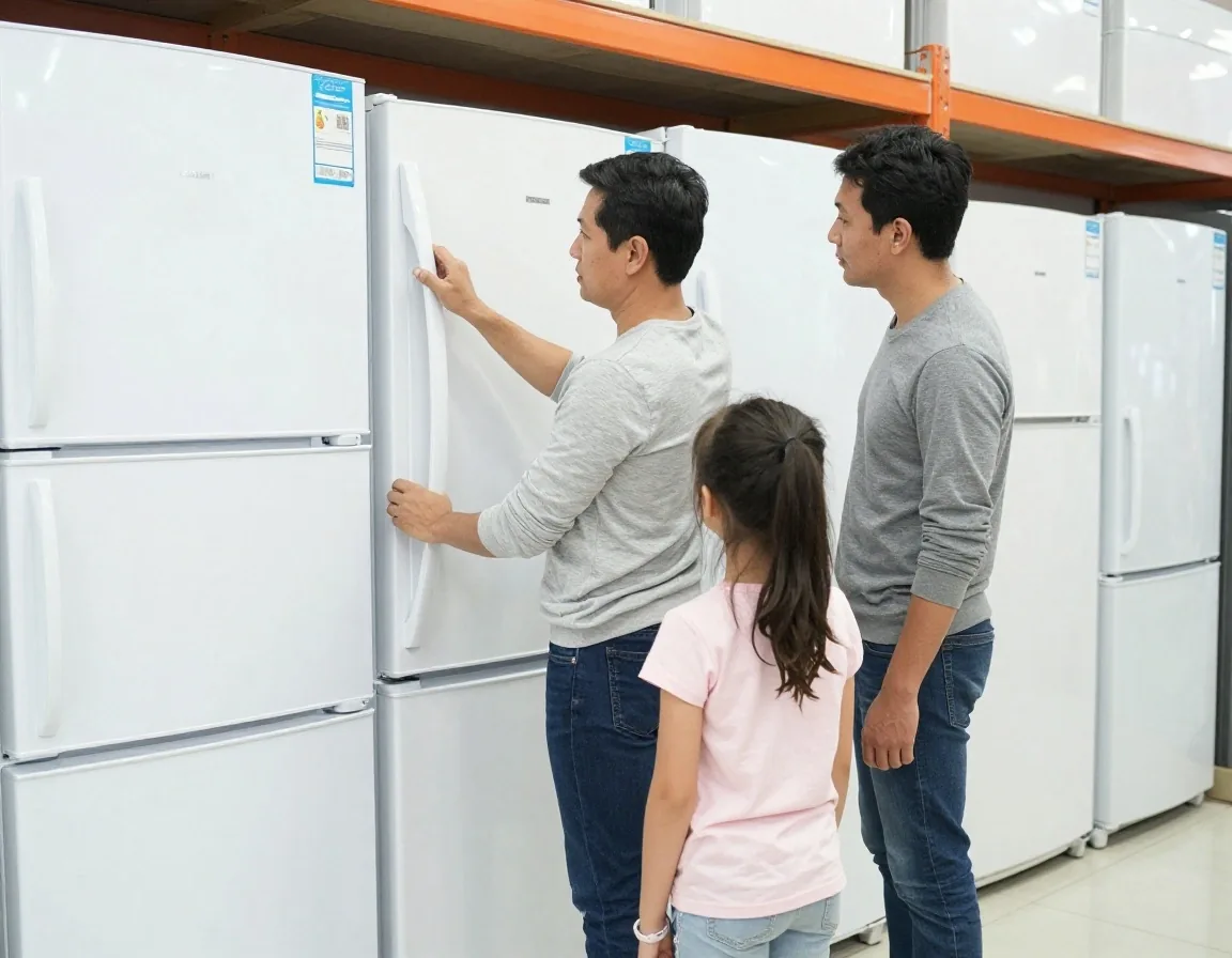 Familia comparando electrodomésticos eficientes en comercio