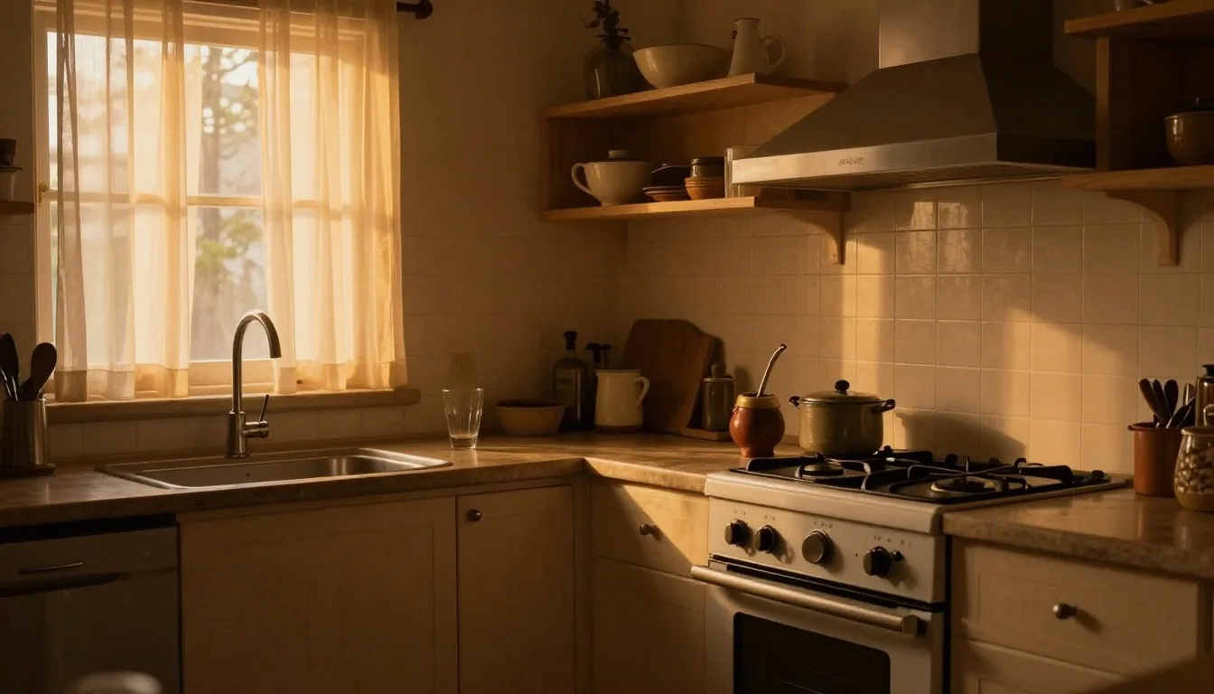 Cocina familiar en hora de la tarde con facturas sobre la mesa