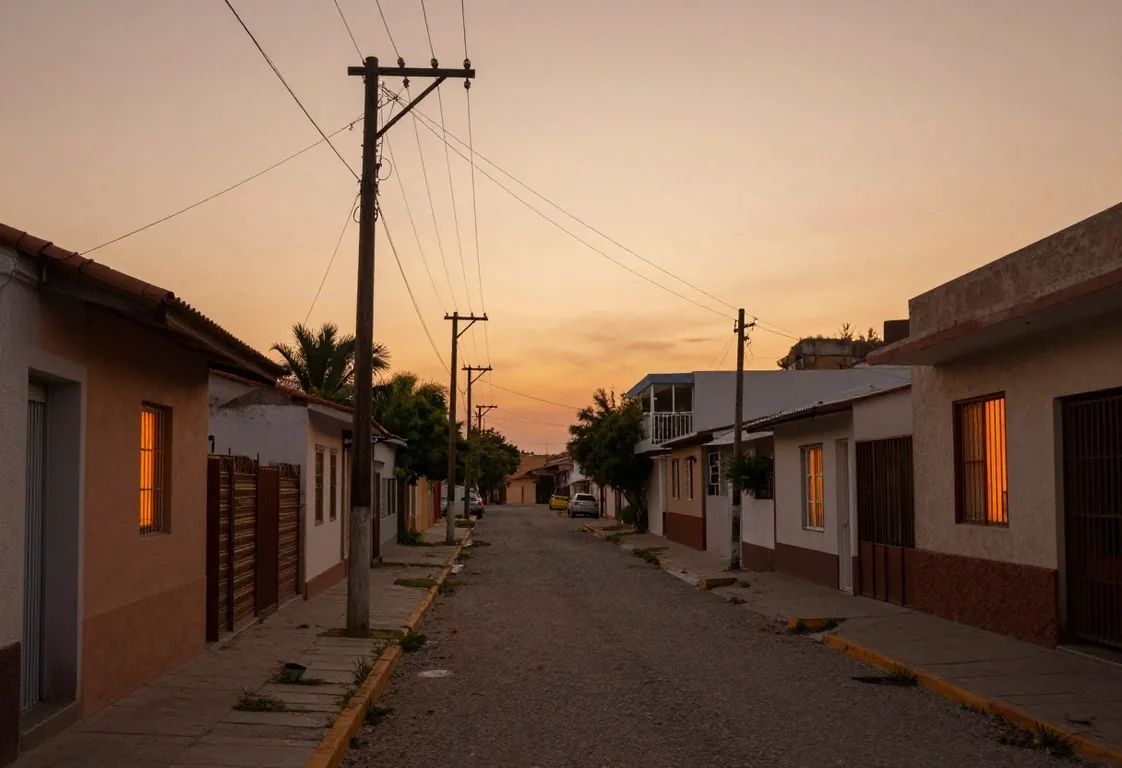 Barrio argentino con tendido eléctrico al atardecer