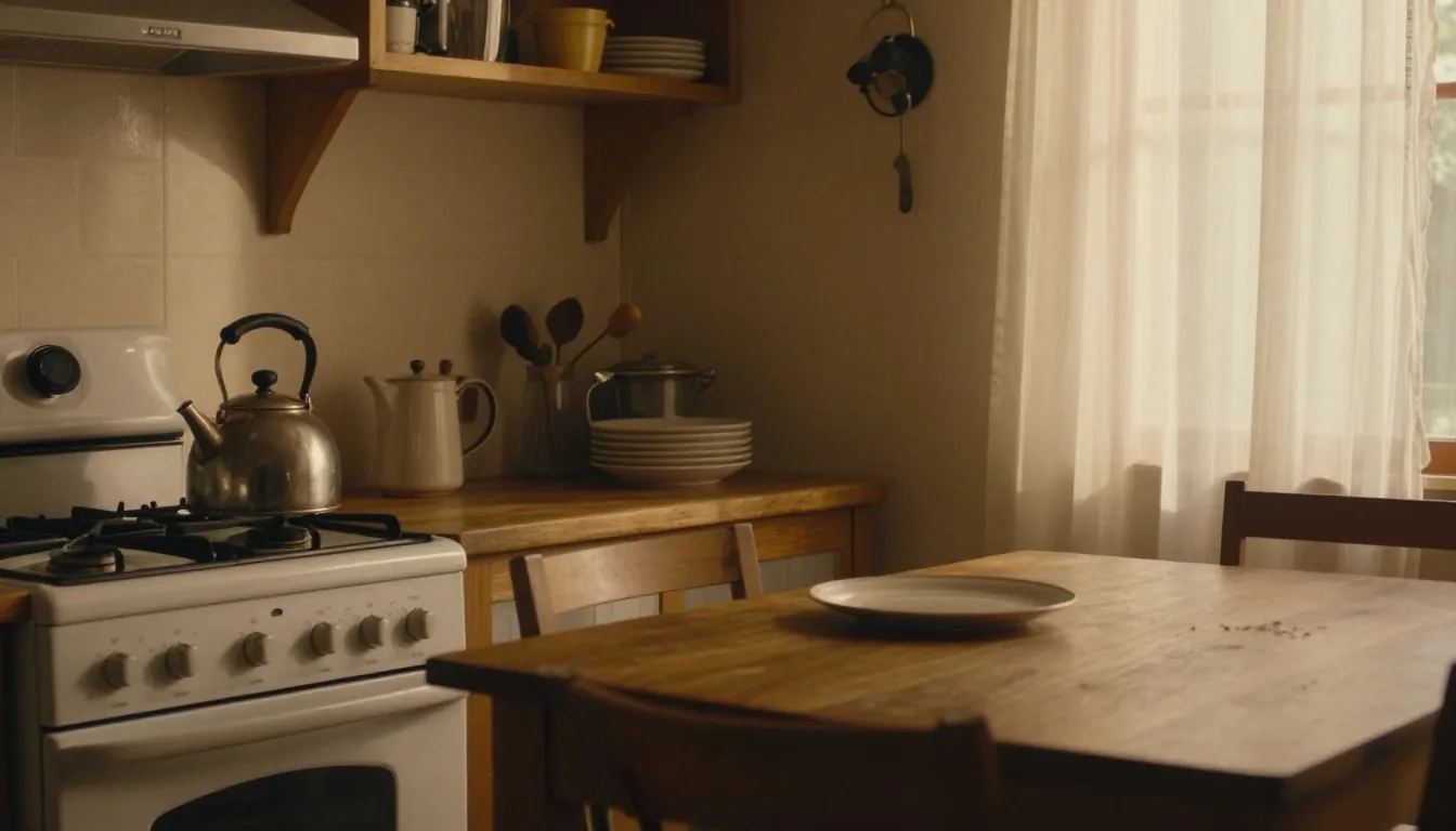 Cocina familiar argentina a la tarde con facturas de luz sobre la mesa