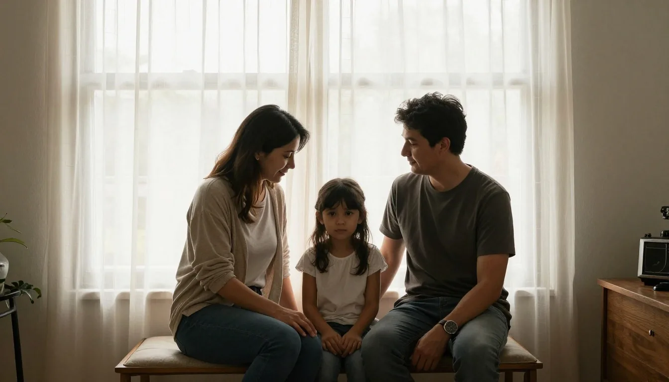 Familia leyendo junta junto a una ventana luminosa