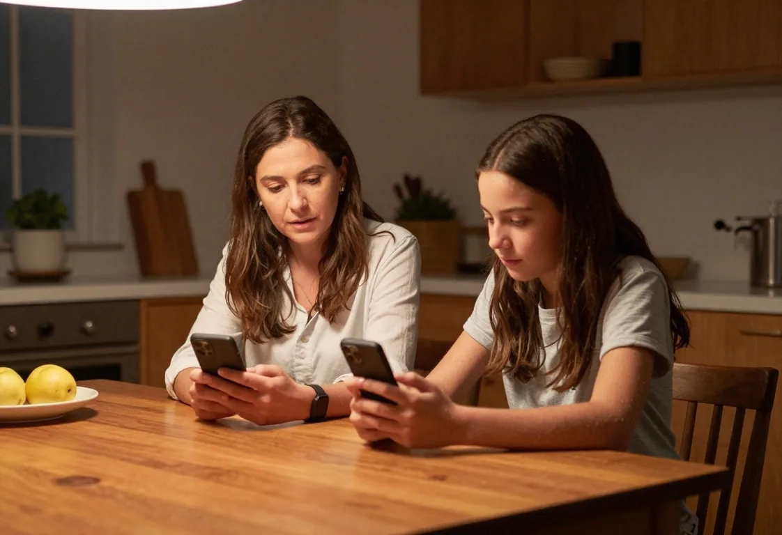 Familia revisando mensajes en la mesa de la cocina