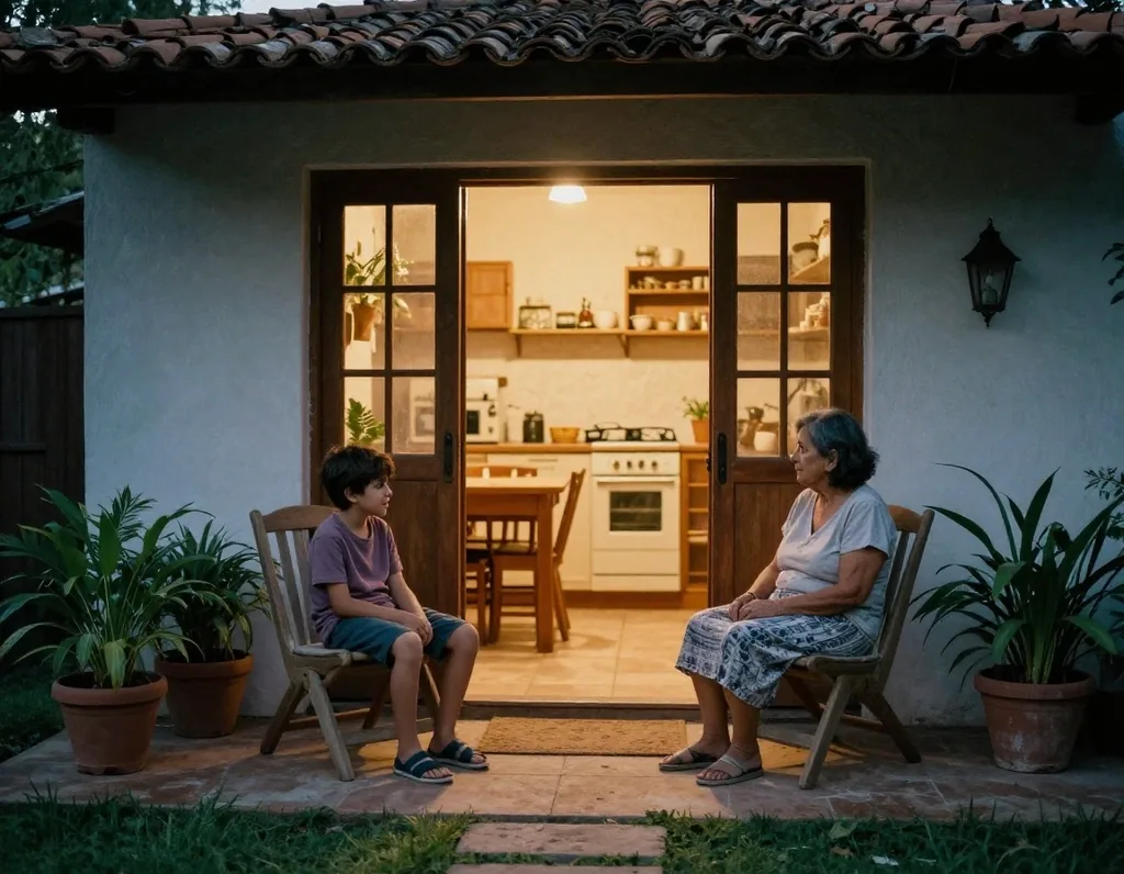 Familia argentina revisando papeles juntos en la mesa de la cocina