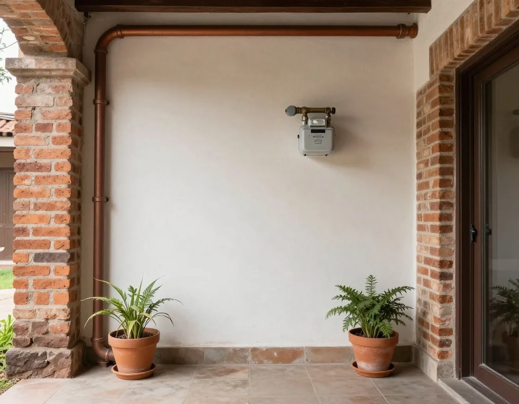 Medidor de gas y cañerías en patio interno de una casa