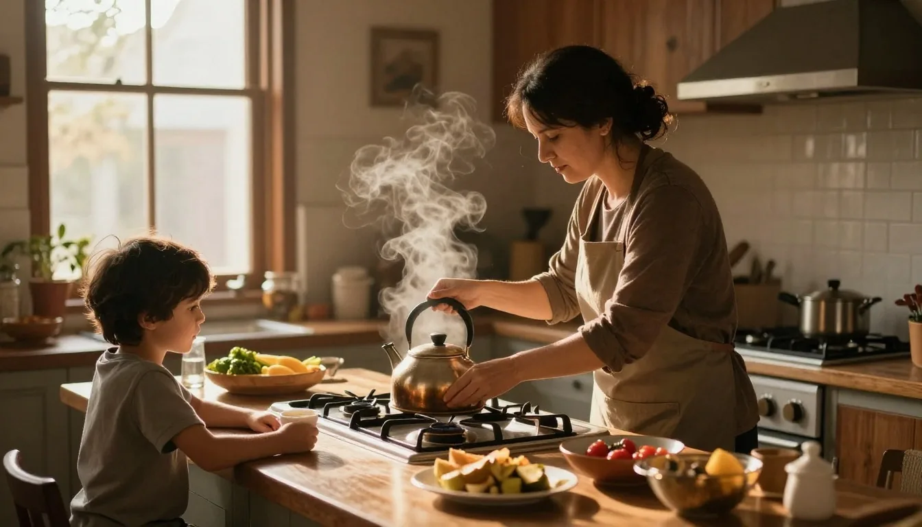 Cocina familiar argentina con facturas de luz y gas sobre la mesa a la tarde