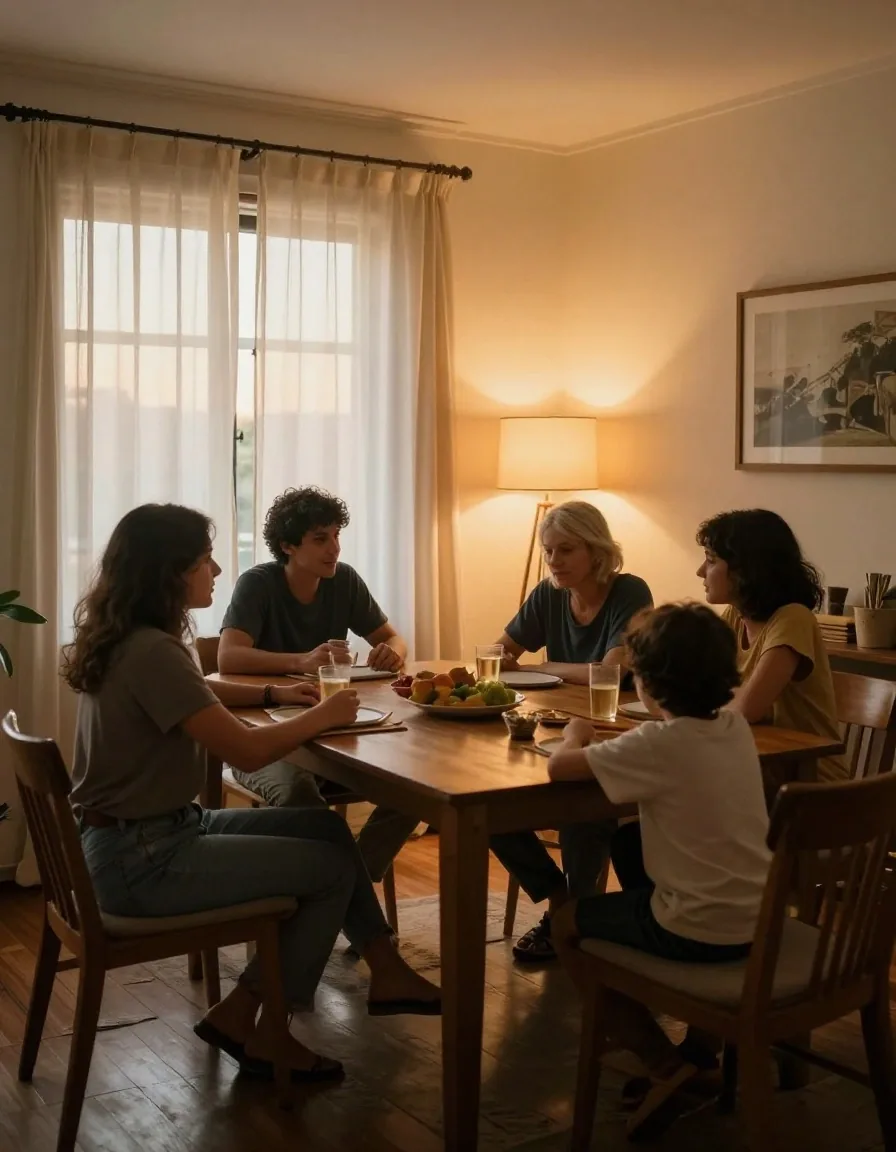 Familia conversando sobre las facturas al atardecer