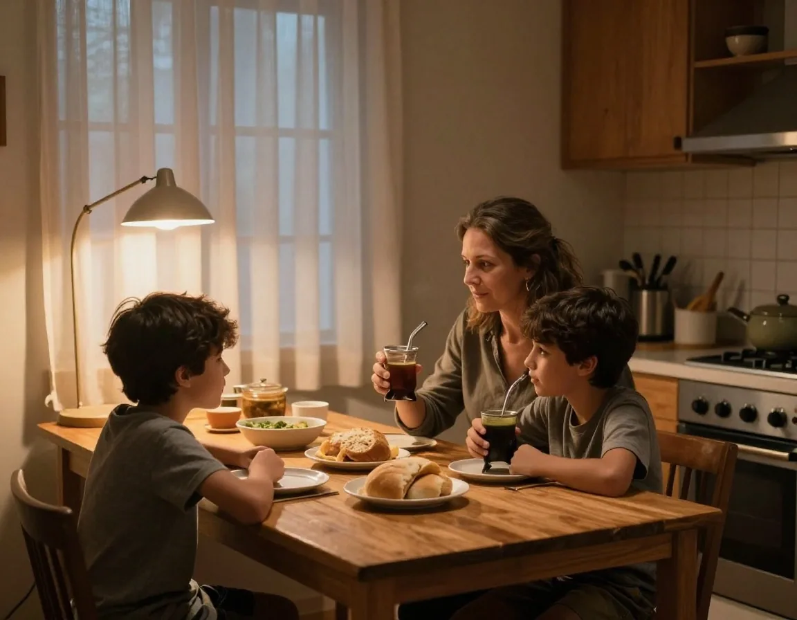 Madre e hijo revisando la factura de luz en la cocina