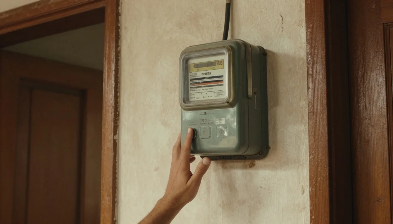 Mano junto al medidor de luz de una vivienda